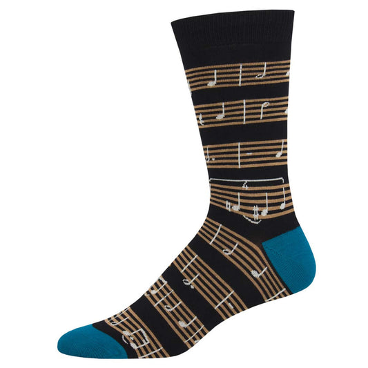 Men's Socks, Black Sheet Music With Blue Heel and Cuff