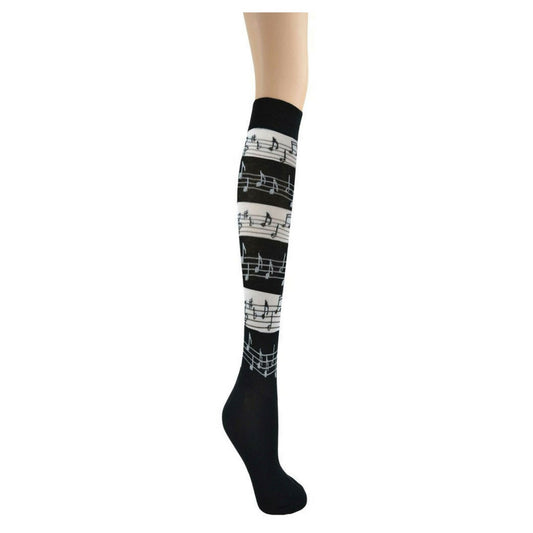 Women's Knee-High Socks, Black and White Music Stripes