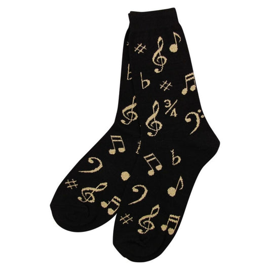 Women's Socks, Black with Gold Music Symbols